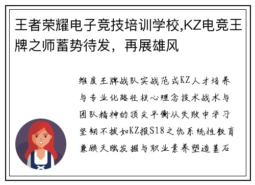 王者荣耀电子竞技培训学校,KZ电竞王牌之师蓄势待发，再展雄风